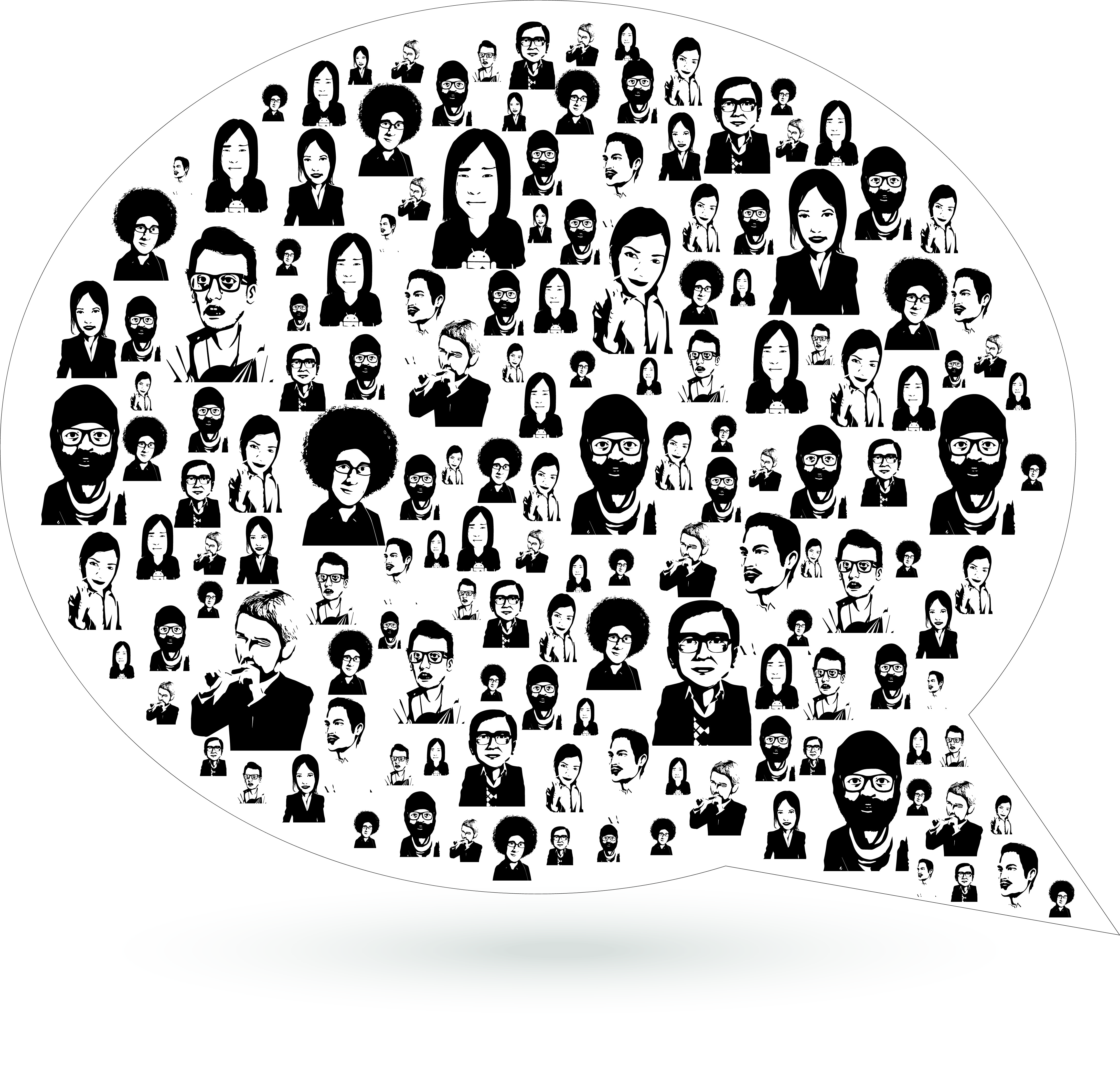 Speech Bubble with cartoon portraits of 100 plus people all speaking their piece