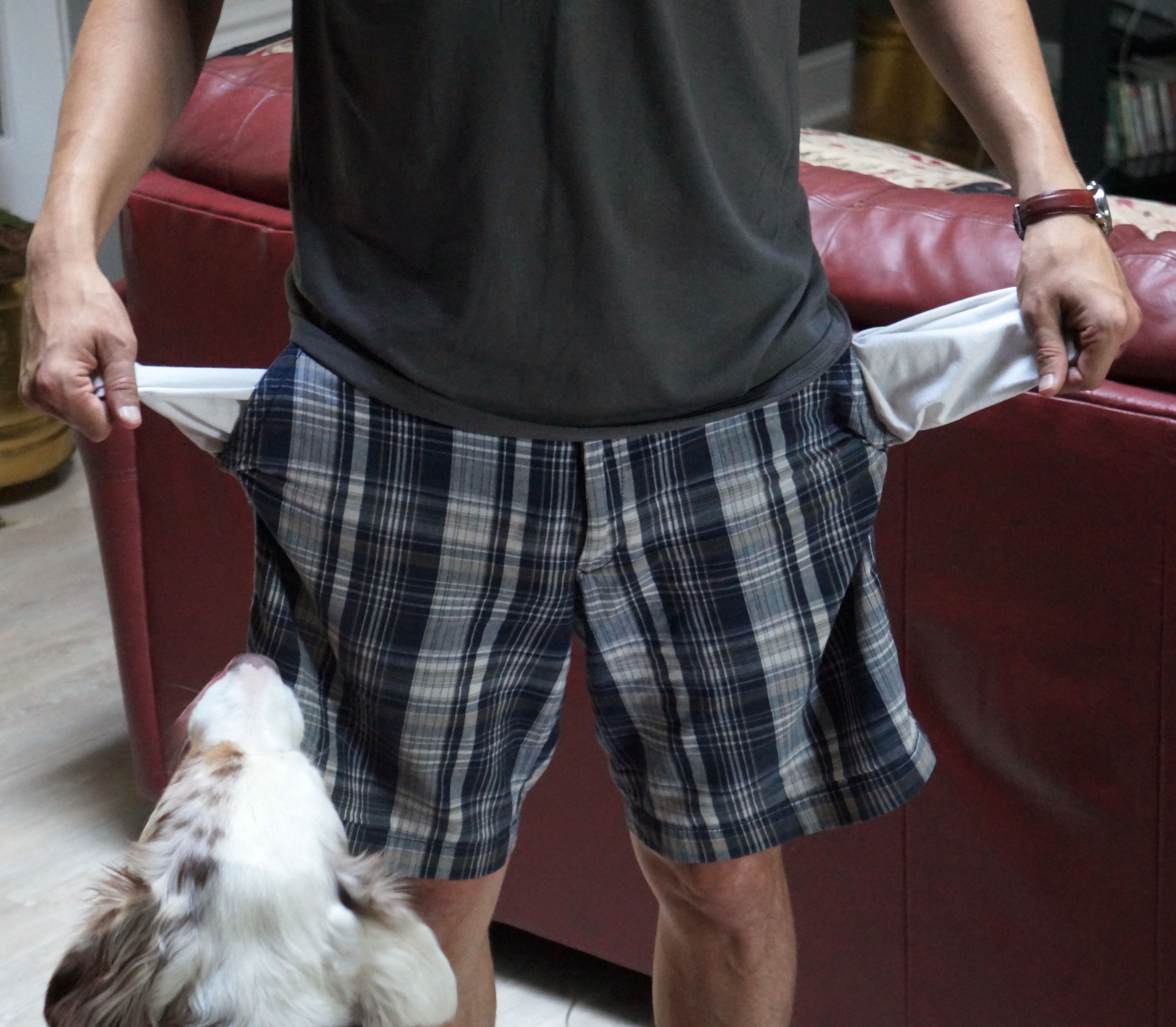 Student holding empty pockets while dog looks on
