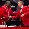 Scotty Walden receives a red jacket from Gerald Harrison at his introductory press conference. NICHOLE BARNES | THE ALL STATE