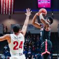 OVC Preseason POTY Terry Taylor shoots over a Belmont defender in 2019. ERIC ELLIOT | APSU SPORTS INFORMATION