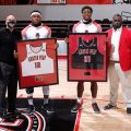 Reginald Gee (12) and Terry Taylor (21) were honored in a senior night presentation before APSU's home finale against Eastern Ilinois. ROBERT SMITH | APSU ATHLETICS