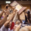 The APSU men's basketball team hoists the 2016 OVC Tournament Championship. | THE ALL STATE ARCHIVES
